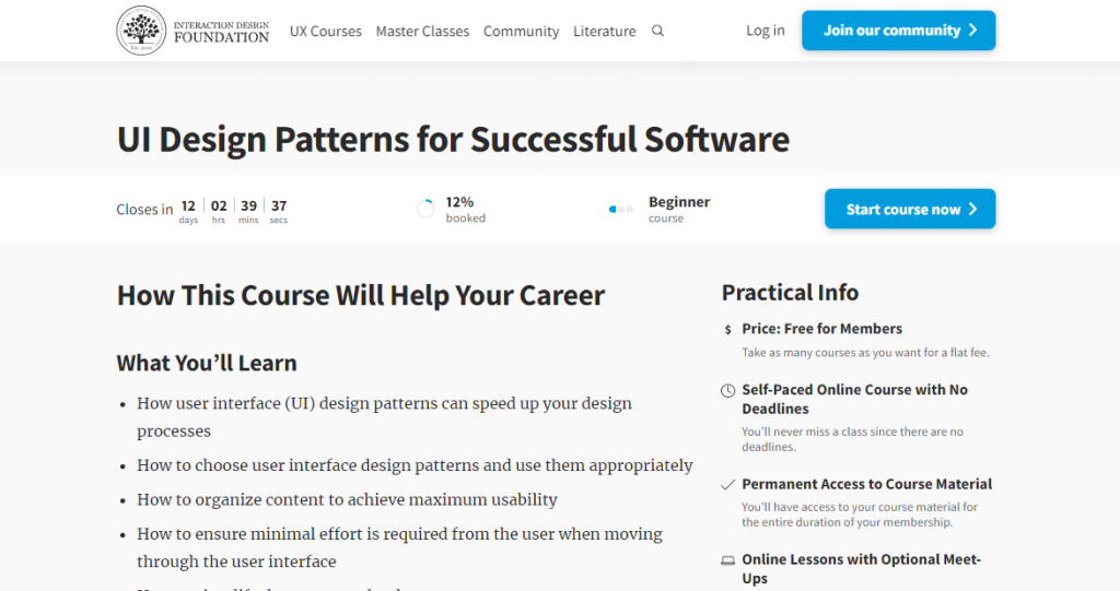 The UI Design Patterns for Successful Software course page on the Interaction Design Foundation website