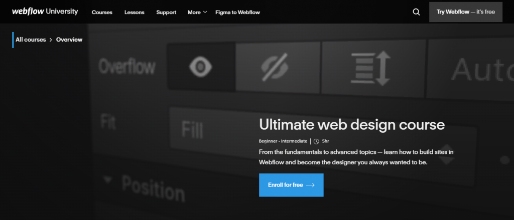 The Ultimate Web Design Course page on the Webflow University website