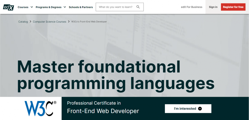 The W3Cx Front-End Web Developer Professional Certificate Program page on the edX website