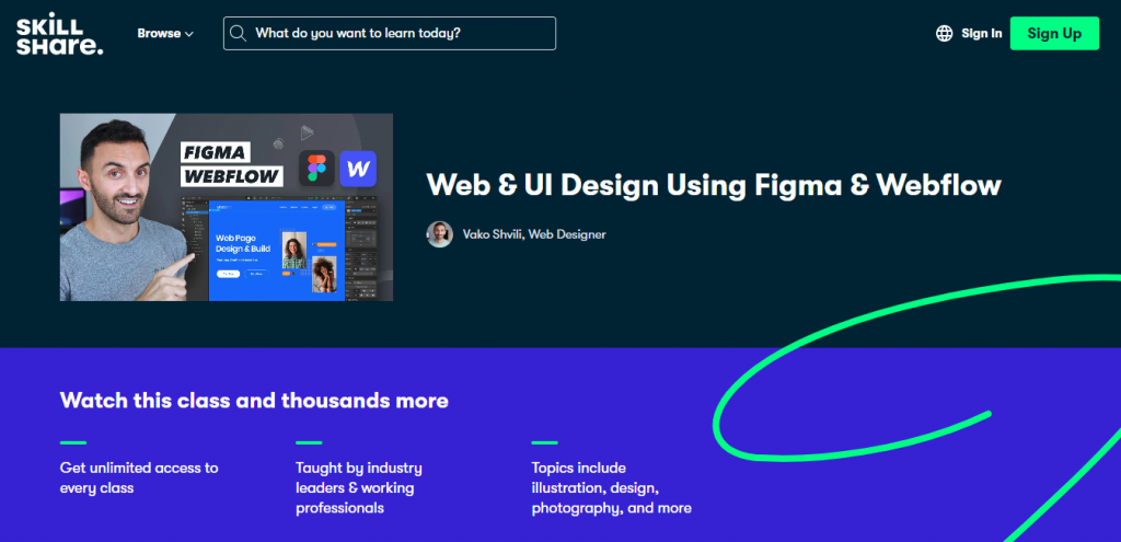 The Web and UI Design Using Figma & Webflow course page on the Skillshare website
