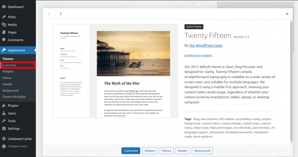 The WordPress Appearance screen, showing the Twenty Fifteen theme window and the Customize button