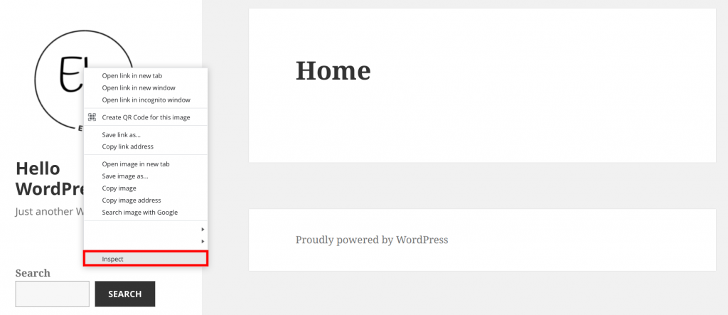 The WordPress Customizer screen, highlighting the Inspect button