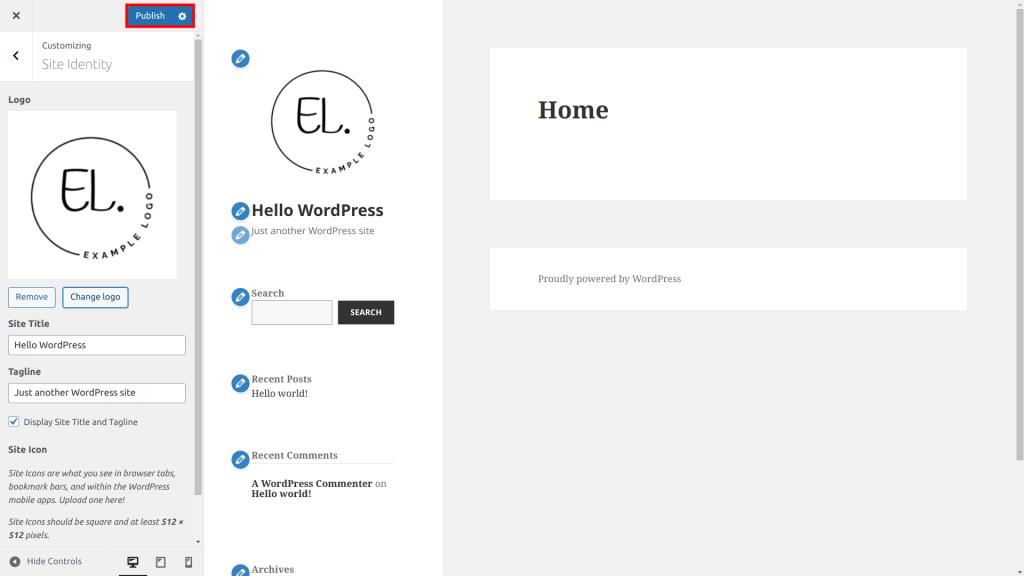 The WordPress Customizer screen, highlighting the Publish button