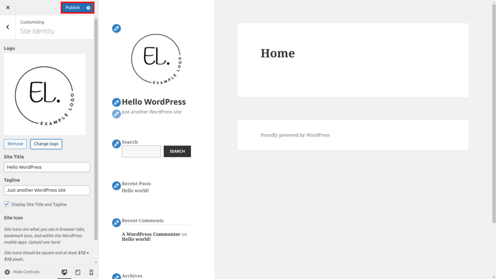 The WordPress Customizer screen, highlighting nan Publish button