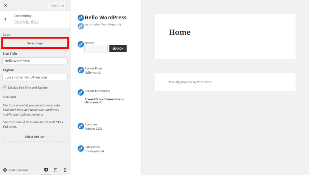 The WordPress Customizer screen, pinch nan fastener Select logo highlighted