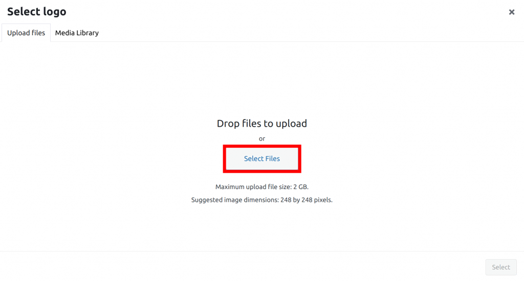 The WordPress Media Library, with Select Files highlighted