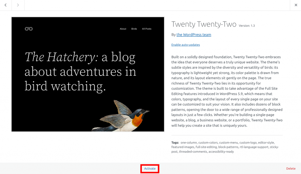 The WordPress Twenty Twenty-Two theme description page, with the button Activate highlighted