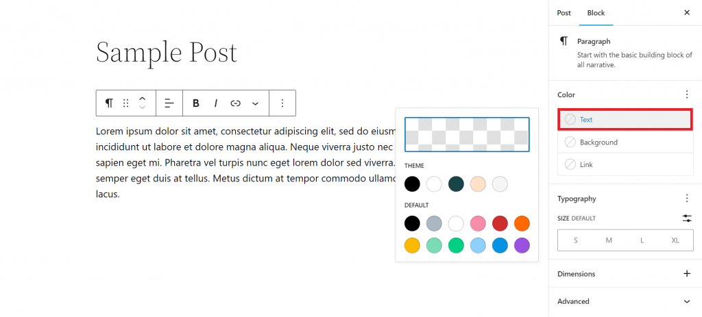 The WordPress block editor highlighting the Text color option under the settings sidebar