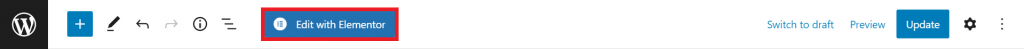 The WordPress block editor toolbar highlighting the Edit with Elementor button