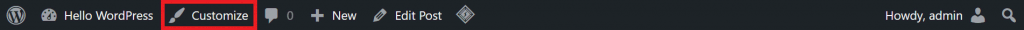 The WordPress dashboard toolbar highlighting the Customize button