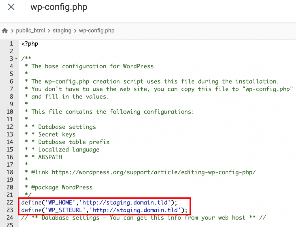 The home and site URL lines located in the wp-config.php file.