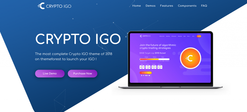 The preview page of Cryptoigo, a WordPress theme