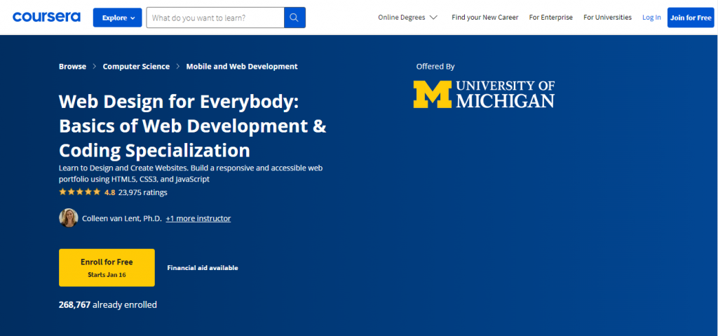 University of Michigan's Web Design for Everybody specialization program page on the Coursera website
