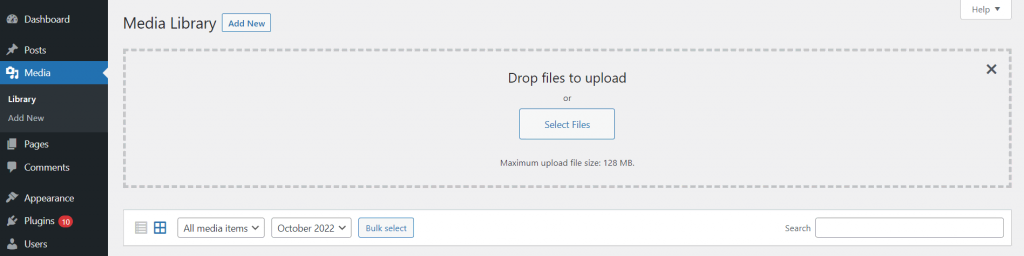 The Drop files to upload box in the WordPress Dashboard