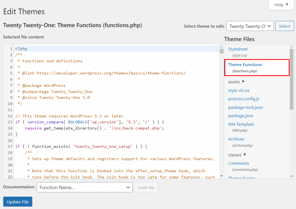 WordPress theme file editor interface, with the highlighted theme functions option in the right sidebar
