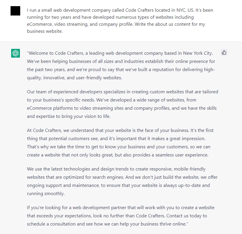 About Us content generated by ChatGPT