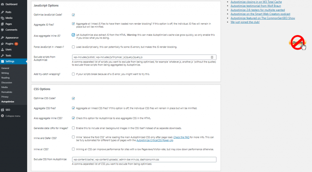 Advanced setting to optimise css and js with autoptimize