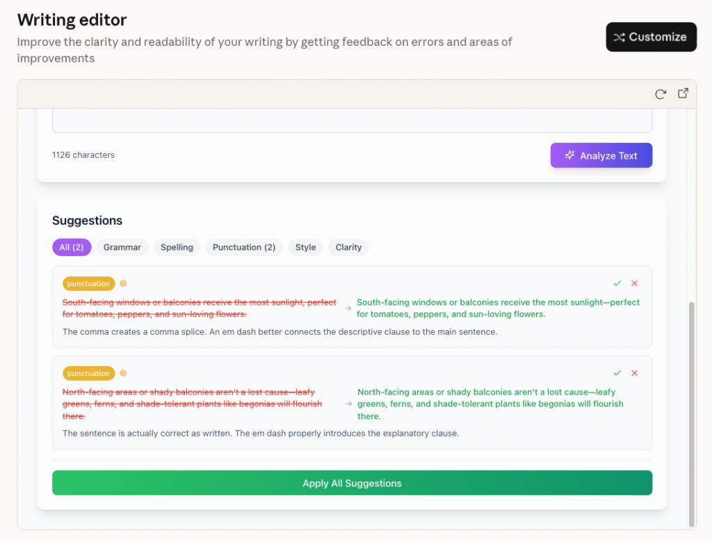Claude Writing Editor Artifact