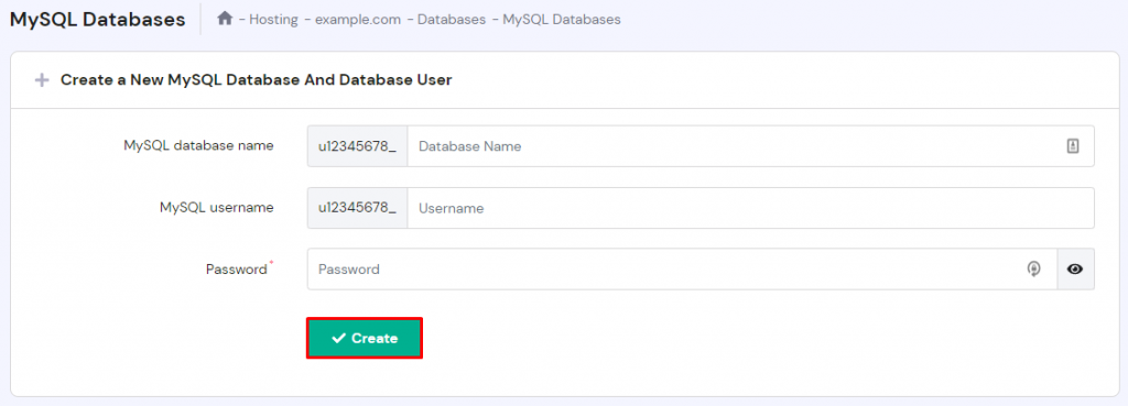 hPanel's Databases menu, highlighting the Create option