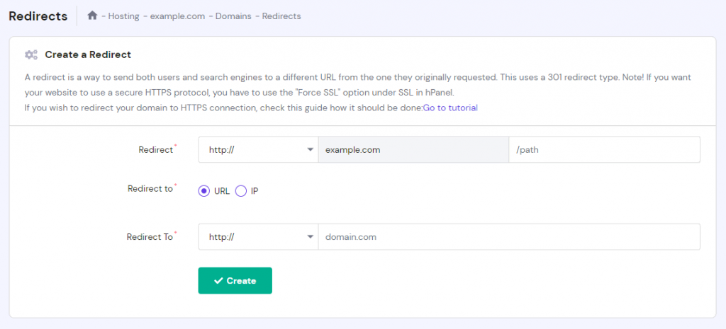 A domain redirect configuration page on hPanel