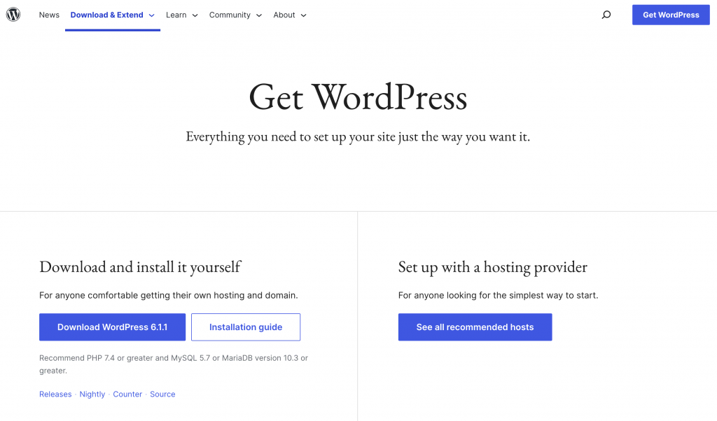 The download page for WordPress