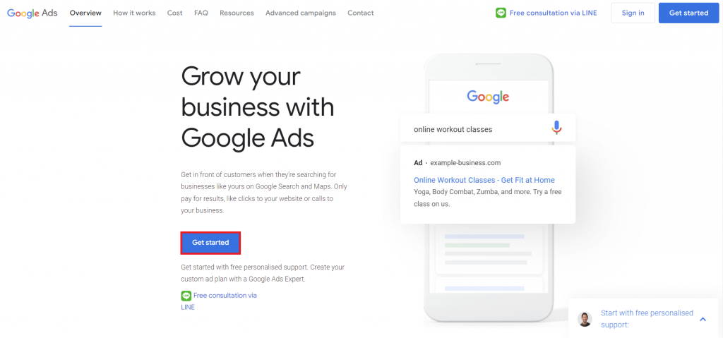 The Get Started button on Google Ads front page
