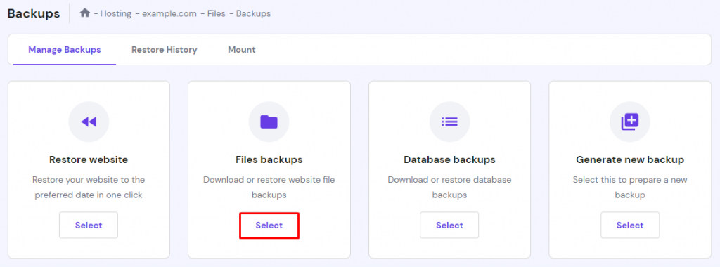 The Backups section on hPanel. Files backups button is highlighted