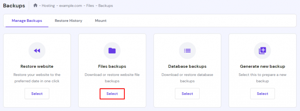 The Backups section on hPanel. Files backups button is highlighted