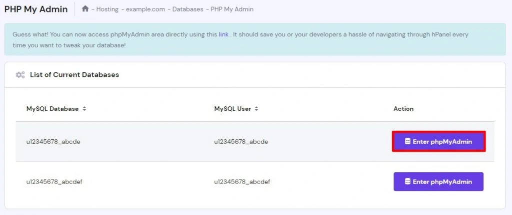 Screenshot displaying the Databases phpMyAdmin section in hPanel. The Enter phpMyAdmin button is highlighted.