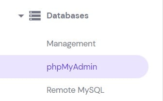 The phpMyAdmin section under Databases in hPanel