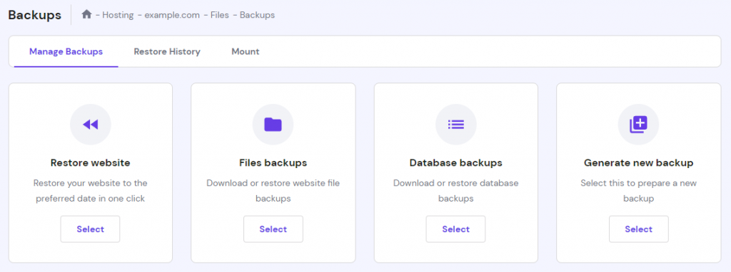 hPanel's Manage Backups section