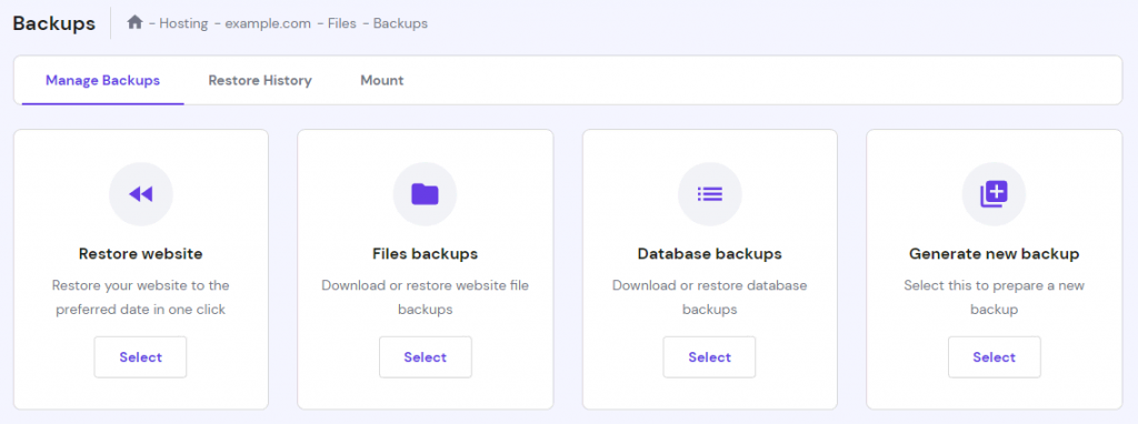 hPanel's Manage Backups section