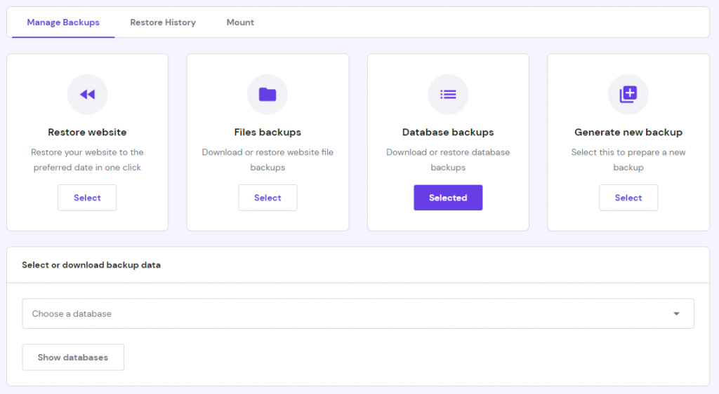 The Manage Backups option on hPanel