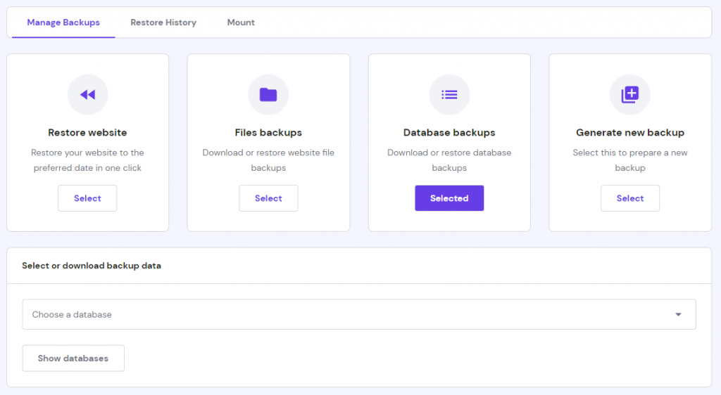 The Manage Backups option on hPanel