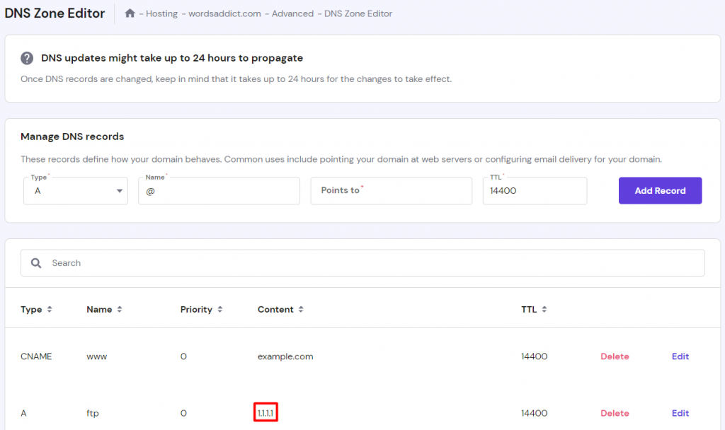 The "DNS Zone Editor" feature on hPanel