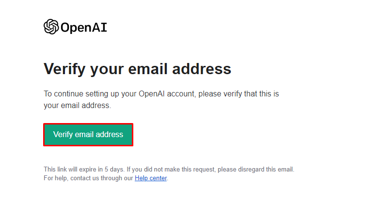 رسالة التحقق من حساب OpenAI مع تمييز عنوان البريد الإلكتروني التحقق