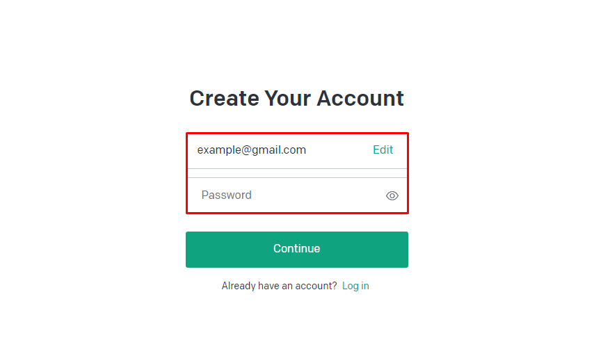 OpenAI create new account page with the email and password field highlighted