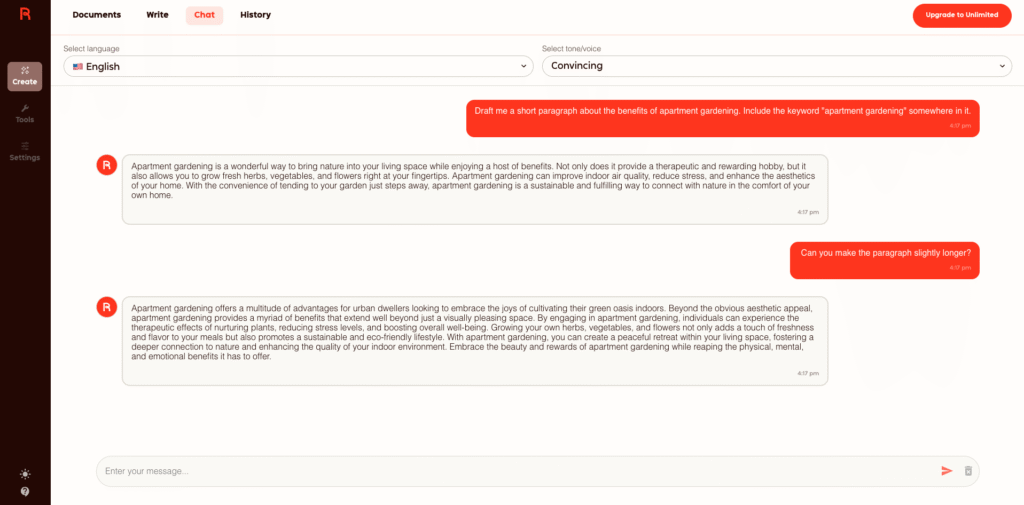 Rytr chat interface