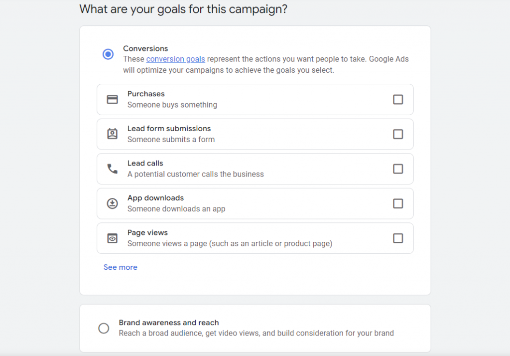 selecting campaign goals on Google Ads