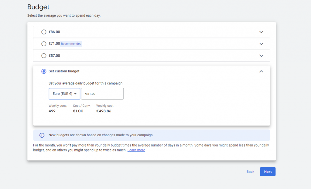 setting up your campaign budget on Google Ads