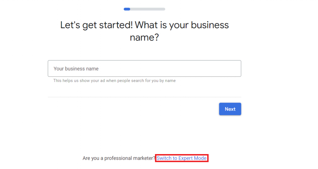 The Switch to Expert Mode option on Google Ads page
