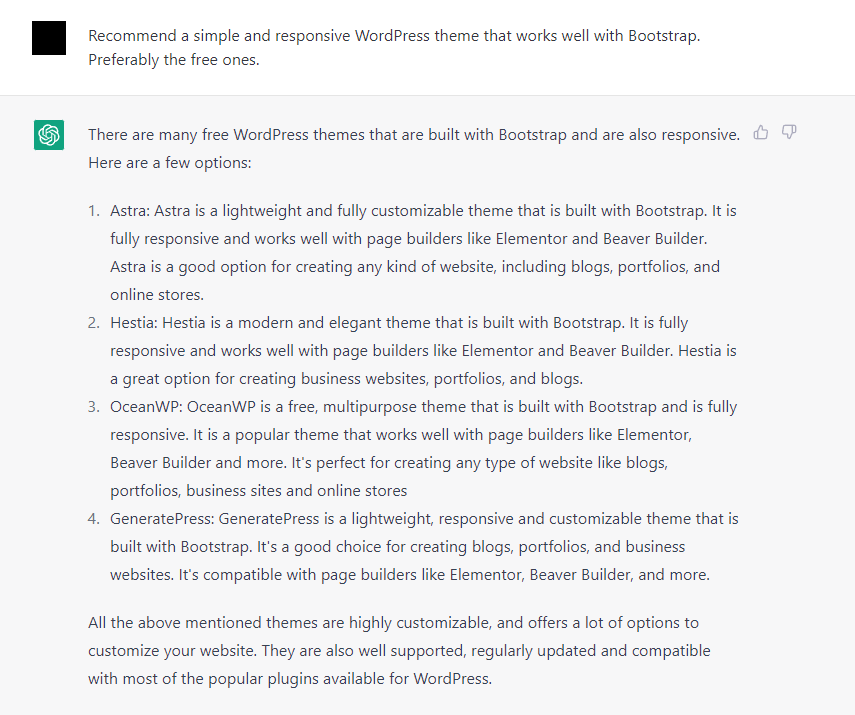 WordPress theme recommendations from ChatGPT