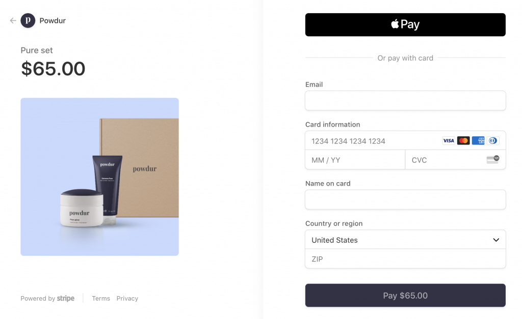 A prebuilt Stripe checkout page showing a checkout form on the right side and a product image with the total price on the left side
