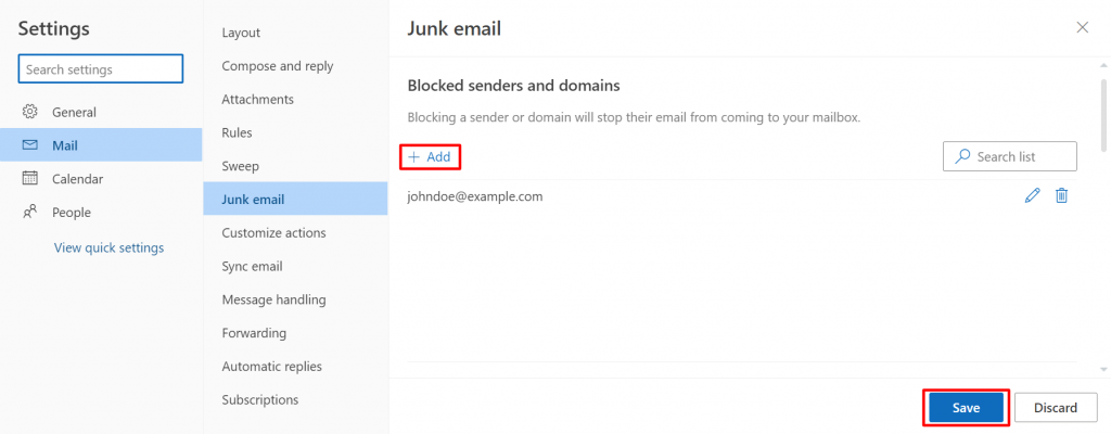 The Add button to block a sender or domain on Outlook.