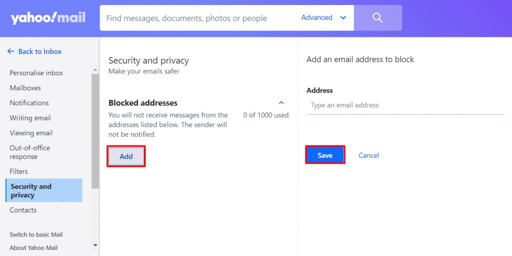 The Add button to block emails on the Yahoo web app.