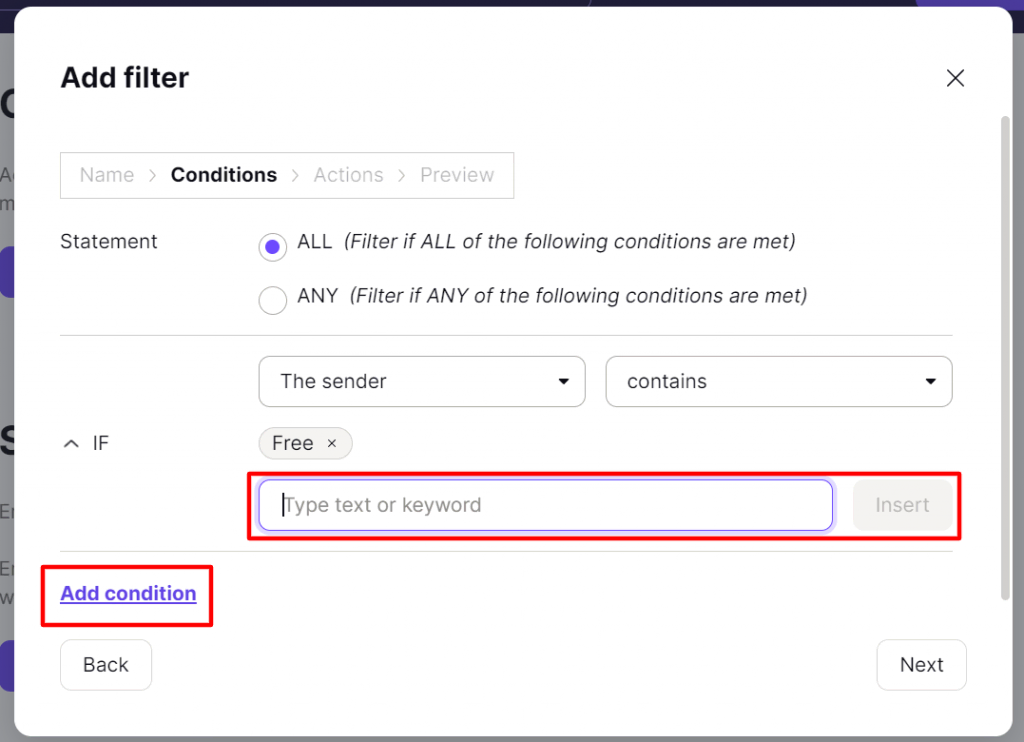 The Add filter section, where users can insert keywords and add a condition on ProtonMail.
