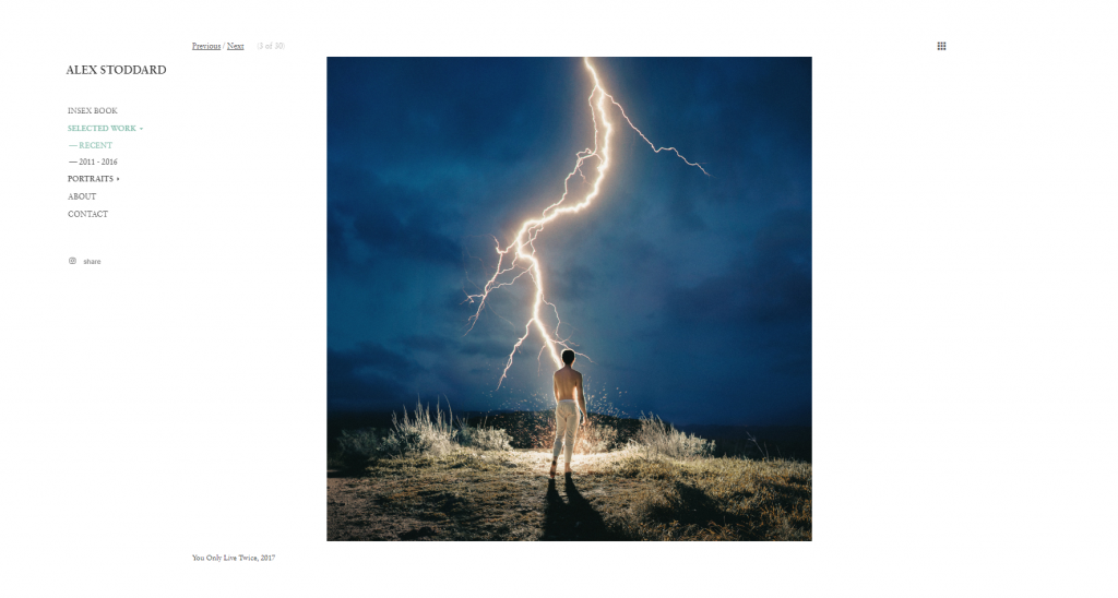 Alex Stoddard's photography portfolio showing a man standing with lightning in front of him