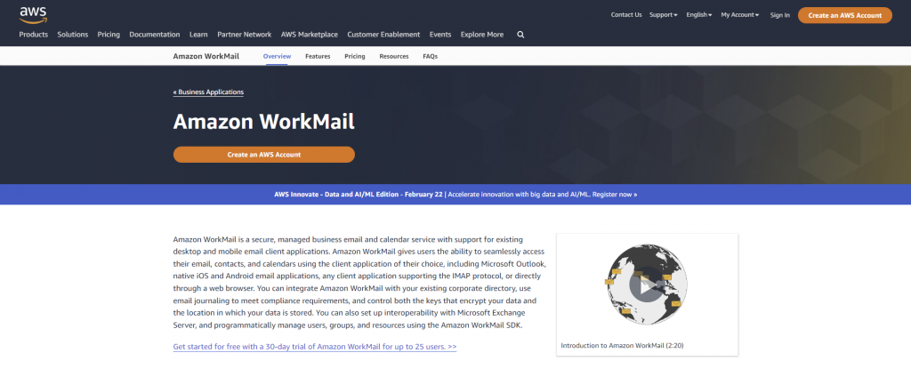 The Amazon WorkMail homepage with a button to create a new AWS account.
