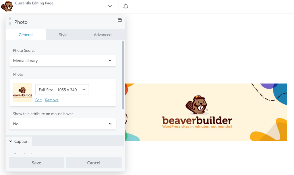 Beaver Builder pop-up editing menu