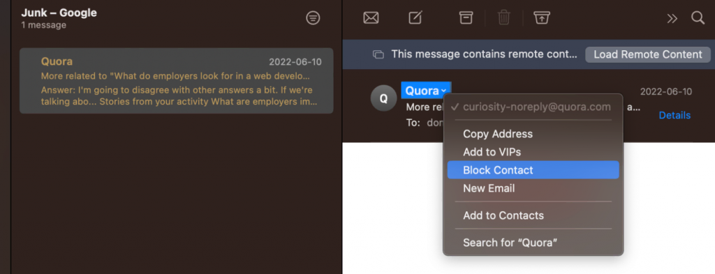 The Block Contact option on macOS.